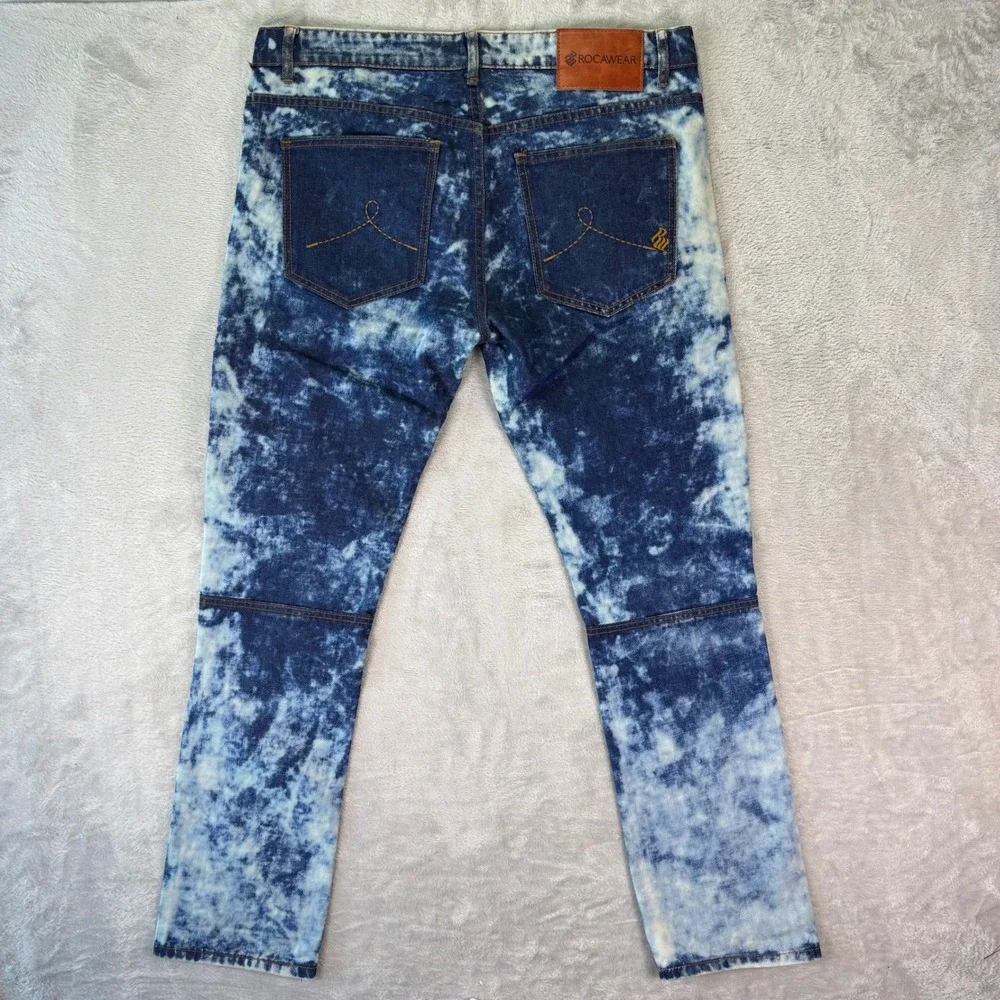 Rocawear Men's Moto Jeans Sz 36 Blue Acid Wash Zip Knee‎ Detail Streetwear